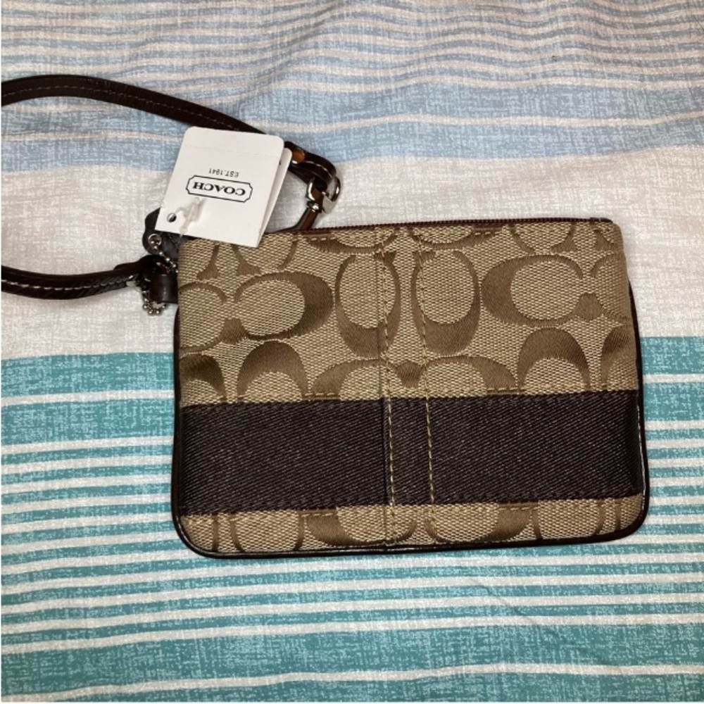 Coach Signature Wristlet in Brown and Tan